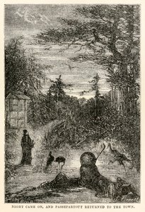 Gece oldu ve Passepartout şehre döndü, Jules Verne (1828-1905) tarafından Seksen Günde Devri Alemden, Louis Prevost tarafından 1873 oyulmuş by Hippolyte Leon after Benett