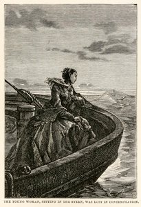 Kıçta oturan genç kadın, Jules Verne (1828-1905), Jean Louis Prevost (1790-1850), 1873 tarafından oyulmuş Seksen Günde Devri Alem