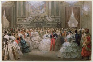 Kraliçe Victoria (1819-1901) ve Prens Albert (1819-61), III. Napolyon ve Eugenie tarafından verilen bir gala yemeğinde, 1853 (kağıt üzerinde wc)