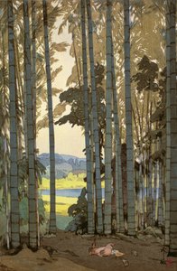 Bambu ağacından tavuklar (renkli tahta baskı) by Hiroshi Yoshida