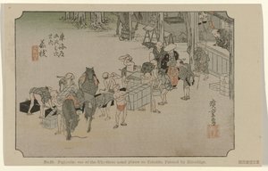 Fujieda No. 23. Fujiyeda: Hiroshige tarafından boyanmış Tokaido