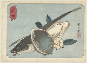 Yassı balık, abalone ve çilek Kochi awabi (nesnedeki başlık) by Hiroshige (I) , Utagawa