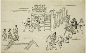 "Yoshiwara'nın Görünüşü (Yoshiwara no tei)" serisinden Ageyacho'ya giriş, c.1681-84 (tahta baskı; sumizuri-e, oban) by Hishikawa Moronobu