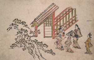 Yeni Yoshiwara Kapısı yakınında by Hishikawa Moronobu
