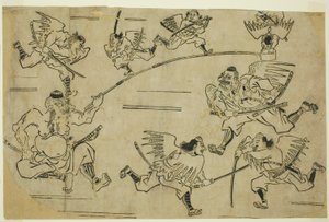 Tengu Kralı Öğrencilerini Eğitiyor by Hishikawa Moronobu