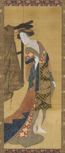 Bir elbise askısının yanında duran bir fahişe, Edo dönemi, 19. yüzyılın başlarında.