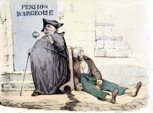 Yerde yatan fakir bir hastanın yanında şişman ve itibarlı bir rahip - “La Silhouette” de by Honoré Daumier