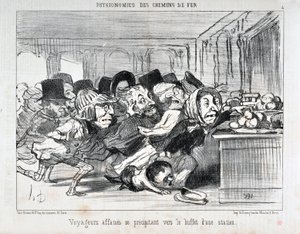 Honore Daumier (1808-1879) tarafından yapılan sanat eseri 1852 tarihli Charivari: PHYONOMIES DES CHAIN ​​​​DE FERR Serisi Bir istasyonun büfesine koşan aç gezginler MUSEE DES BEAUX ARTS - PALAIS LONGCHAMP, MARSELLE by Honoré Daumier