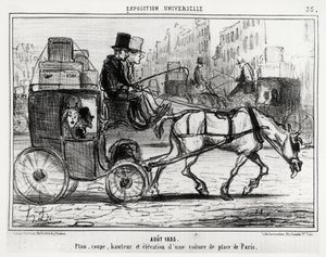 Ağustos 1855, evrensel sergi: bir Paris arabasının planı, kesimi, yüksekliği ve yüksekliği. 4 Eylül tarihli “” Charivari”” haberinde yayınlanan Honore Daumier (1808-1879) çizimi by Honoré Daumier
