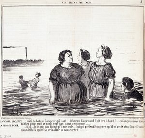Görünümler ve moda hakkında karikatür. Seri “” Les Bains de Mer””: “” Zayıf kadın (...), şişman kadın (...)” Honore DAUMIER (1808-1879) tarafından yapılan gravür. 16 Eylül tarihli “Le Charivari” gazetesinden alıntı by Honoré Daumier