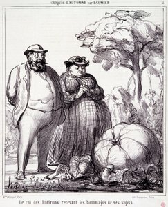 Bahçıvanlık hakkında çizgi film. Serie “” Sonbahar Kroki””: “” Konularından haraç alan Balkabağı Kralı””. Honore DAUMIER (1808-1879) tarafından yapılan gravür. 23 Eylül tarihli “Le Charivari” gazetesinden alıntı by Honoré Daumier