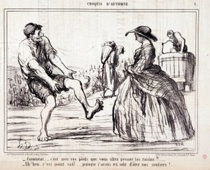Çıplak ayak üzümleri çiğneyen biçerdöverler hakkında çizgi film. Serie “” Sonbahar Çizimi”: “” Nasıl... Üzümleri ayağınla sıkacaksın? ...” Honore DAUMIER (1808-1879) tarafından yapılan gravür. “Le Charivari” gazetesinden alıntı by Honoré Daumier