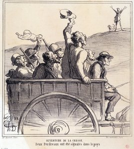 Avcılar hakkında karikatür. "Sonbahar Kroki: Avın açılışı, ülkede iki keklik sinyali verildi" serisi, "Le Charivari" Gazetelerinden by Honoré Daumier