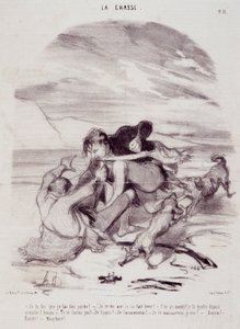 Avcılar hakkında karikatür. Seri “” Hayatın Güzel Günleri - Avcılık””: “”Size onu terk ettirdiğimi söylüyorum…”” Honore DAUMIER (1808-1879) tarafından gravür. 10 Ocak tarihli “Le Charivari” gazetesinden alıntı by Honoré Daumier