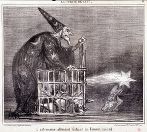 Bilim hakkında karikatür. Serie Sur “” 1857 Kuyruklu Yıldızı””: “” Ünlü Ördeği Bırakan Alman Astronom”””. Honore DAUMIER (1808-1879) tarafından yapılan gravür. 2 Mart “Le Charivari” gazetesinden alıntı by Honoré Daumier
