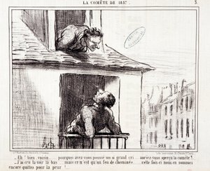 Bilim hakkında karikatür. Serie Sur “” 1857 Kuyruklu Yıldızı””: “” Peki komşu… neden bu kadar çok ağladın…”” Honore DAUMIER (1808-1879) tarafından gravür. 11 Mart tarihli “Le Charivari” gazetesinden alıntı by Honoré Daumier
