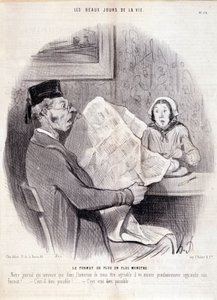 Basın hakkında karikatür. Dizi “” Hayatın Güzel Günleri””: “” Giderek artan canavar formatı...””. Honore DAUMIER (1808-1879) tarafından yapılan gravür. 18 Ekim tarihli “Le Charivari” gazetesinden alıntı by Honoré Daumier