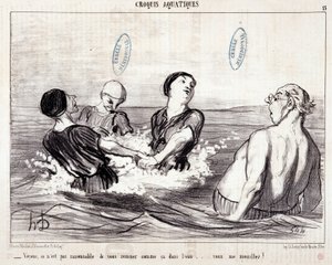 Denizde tatil yapan turistler hakkında çizgi film. Seri “” Les Bains de Mer””: “” Su taslağı. Bakalım seni suda böyle karıştırmak mantıklı değil... beni ıslattın!” Honore DAUMIER (1808-1879) tarafından yapılan gravür. “” Le Chariv gazetesinden alıntı by Honoré Daumier