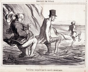 Tatildeki turistler hakkında çizgi film. Seri “” Axe Bains de Mer: “” Seyahat duyguları. Parisli yükselen kısrak tarafından yakalandı””. Honore DAUMIER (1808-1879) tarafından yapılan gravür. 8 Ekim tarihli “Le Charivari” gazetesinden alıntı by Honoré Daumier