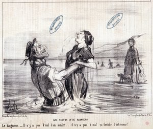 Tatildeki turistler hakkında çizgi film. Seri “” Les Bains de Mer””: “” Su taslağı. Bir dalışın sekansları””. Honore DAUMIER (1808-1879) tarafından yapılan gravür. 1853 tarihli “Le Charivari” gazetesinden alıntı. Dim: 24x28cm. Env 2453 - kutu 12 N¡1. Marsi by Honoré Daumier