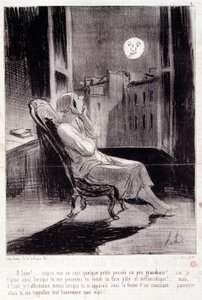 Kadın yazarlar hakkında karikatür. Seri “” Bas Bleus””: “” O! Ay bana bu gece ilham veriyor...”” Honore DAUMIER (1808-1879) tarafından yapılan gravür. 28 Şubat “Le Charivari” gazetesinden alıntı by Honoré Daumier
