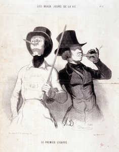 Genç Dandys hakkında karikatür. Dizi “”Hayatın Güzel Günleri””: “”İlk puro””. Honore DAUMIER (1808-1879) tarafından yapılan gravür. 31 Aralık 1843 tarihli “Le Charivari” gazetesinden alıntı Dim 37x25cm Env 1089 - kutu 8 N¡2. Marsilya, Musee des Beaux by Honoré Daumier