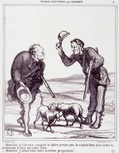 Avcılar üzerine karikatür: Serie “” Sonbahar Taslağı”: “” Efendim, oyunun tamamen yokluğu göz önüne alındığında, lütfen köpeğinizi vurmama izin verin…”” Honore DAUMIER (1808-1879) tarafından gravür. 28 Eylül tarihli “Le Charivari” gazetesinden alıntı by Honoré Daumier