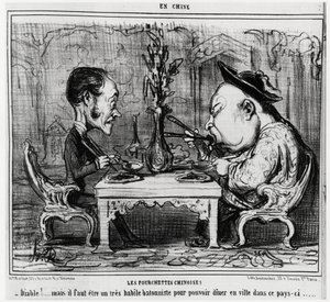 Çin çatalları: “” Şeytan! ama bu ülkede şehirde yemek yiyebilmek için çok yetenekli bir batoncu olmak gerekiyor. “”, En Chine serisinde, Honore Daumier (1808-1879) çizimi, “” Charivari”de yayınlandı by Honoré Daumier