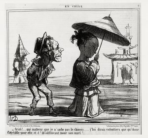 Christi! Çince konuşmayı bilmiyorum... Kendisi için hoş ve kocası için zorunlu olmayan bir şey olduğunu ona memnuniyetle söyleyeceğim!... En Chine dizisinde, Honore Daumier (1808-1879) tarafından yapılan çizim, “” de yayınlandı. Charivari””, 12 Ocak tarihl by Honoré Daumier