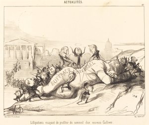Uykunun tadını çıkarmaya çalışan Lilliputlular... by Honoré Daumier