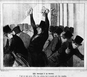 Borsada panik. Hisse teklifleri boşunaydı, herkes onlardan aldı: Honore Daumier borsasında (1808-1879) bir dizi karikatür olan “Gerçekler” den. charivari by Honoré Daumier