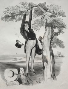 Pastorales, levha 2: Bir erik ağacını çok şiddetli sallamanın tehlikeleri..., 1845. by Honoré Daumier