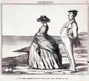 Serie “” Les Bains de Mer””: “” Sabahtan akşama kadar denizi görmek sandığınızdan daha az eğlenceli! “” Tatildeki turistler hakkında karikatür. Honore DAUMIER (1808-1879) tarafından yapılan gravür. 9 Eylül “Le Charivari” gazetesinden alıntı by Honoré Daumier