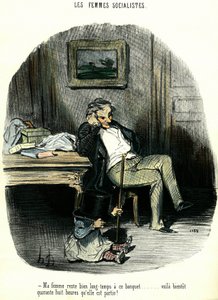 Sosyalist kadınlar İki gündür kayıp olan eşini çocuğuyla birlikte bekleyen bir adamı betimleyen anti-feminist karikatür. Honore Daumier (1808-1879) tarafından litografi 19. yüzyıl Özel Koleksiyonu by Honoré Daumier