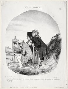The Good Bourgeois, Levha 23: "Ama evet canım, sizi temin ederim ki bu bey bir manzara çiziyor... öyle değil mi efendim, siz bir manzara çiziyorsunuz?" (Les bons bourgeios, planche 23: Mais si, ma femme...monsieur dessine un paysage..) by Honoré Daumier