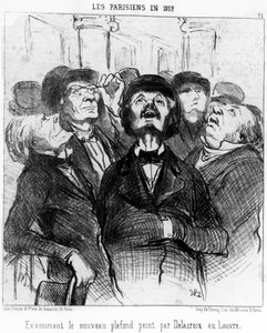 Parisliler 1852'de Honore Daumier'in (1808-1879) karikatür serisi “Resimler ve Salonlar”dan alınan Louvre'da Delacroix tarafından boyanmış yeni tavanı incelerler. "Çarivari" by Honoré Daumier