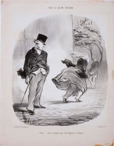 Ne istersek iste- İşte... İşte kadın kılığına girmiş bir adam geliyor... by Honoré Daumier