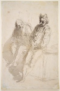 İki Saltimbanques, 1865-73 dolayları (siyah-gri mürekkep, kağıt üzerinde gri yıkama) by Honoré Daumier