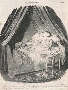 Bu, mutlu çiftlerde sükunet ve huzurun gerçekten hüküm sürdüğü zamandır (gece yarısından sonra). Geç olsun güç olmasın. by Honoré Daumier