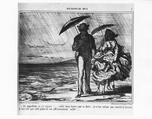 Deniz banyolarında: Sağanak yağmurda deniz kenarındaki Parisliler - Daumier tarafından, 19/09/1859 tarihli “” Charivari”de. by Honoré Daumier