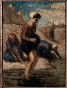 Suyun kenarında Genç kadın korkuyla suya giriyor. Honore Daumier (1808-1879) tarafından yapılan resim 19. yüzyıl Güneşi. 0,33x0,24 m Troyes, modern sanat müzesi by Honoré Daumier