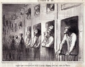Bilim hakkında karikatür. Serie Sur “” la Comete de 1857””: “” Paris sokaklarında her gece görülmeye başlayan yön””. Honore DAUMIER (1808-1879) tarafından yapılan gravür. “Le Charivari” gazetesinden alıntı. 38x25cm dimi. Inv D - kutu 7 Marsilya, by Honoré Daumier