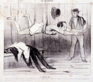 Tatildeki turistler hakkında çizgi film. Seri “” Les Baigneurs””: “” La lecon a dry”””. Seri “” Les Baigneurs””: “” La lecon a dry”””. Honore DAUMIER (1808-1879) tarafından yapılan gravür. “Le Charivari” gazetesinden alıntı. Dim 25x36cm kutu 12 Marsilya, M by Honoré Daumier