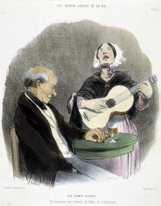Bir şarkıcı eşliğinde içki içen adam - Honoré Daumier