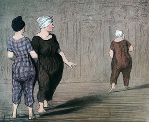 “Les batheuses” serisi mayo giymiş iki kadın bir diğerinin kesimini inceliyor, Honore Daumier (1808-1879) 1844 karikatürü (Yıkananlar: mayo giyen iki bayan, diğerinin beline yukarı ve aşağı bakar) Özel Toplamak by Honoré Daumier