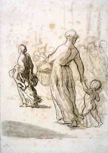 İki Kadın ve Bir Çocuk, c.1848-50 (antika desenli kağıt üzerine tebeşir, karakalem ve guaş) by Honoré Daumier