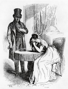 Adamın bakışları altında umutsuzluğa kapılan kadın, Honore de Balzac'ın Ferragus'tan illüstrasyonu (1799-1850), Fransızca baskı