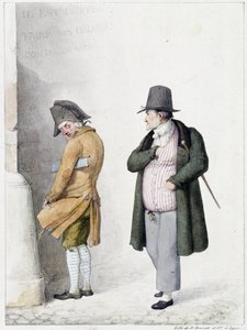 Bir duvara ve yoldan geçen başka bir kişiye işeyen adam - Brunet'in litografisi by Horace Antoine Brunet