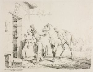 Bir Hizmetkarı Kucaklayan Bir Hussar. by Emile Jean Horace Vernet