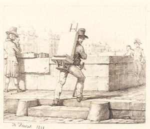 Litografik Taşlı Şövale Taşıyan Sanatçı by Emile Jean Horace Vernet